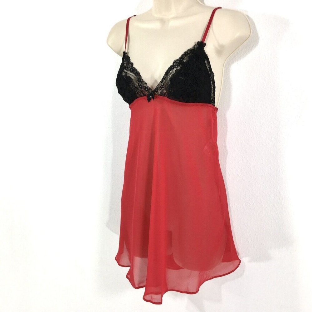 Linea Donatella Red Babydoll Chemise Nighty M Black Lace Accent Adjustable Strap